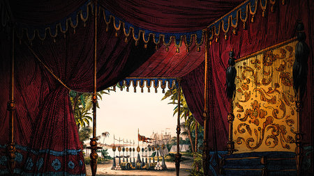 Bühnenbild für Fernand Cortez. Hintergrund und Vordergrund sind von Trentsensky. Der Hintergrund des türkischen Zelts wurde zu einer Durchsicht. Der Palmenhain von Scholz wurde farblich und perspektivisch bearbeitet. Der Hintergrund wurde erweitert.\\n\\n22.11.2020 10:30